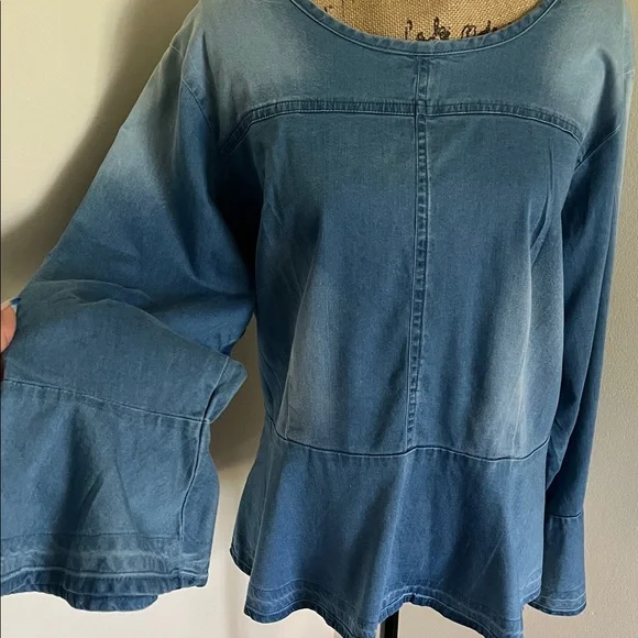Ashley Stewart Peplum Blue Denim Blouse - Picture 2 of 7